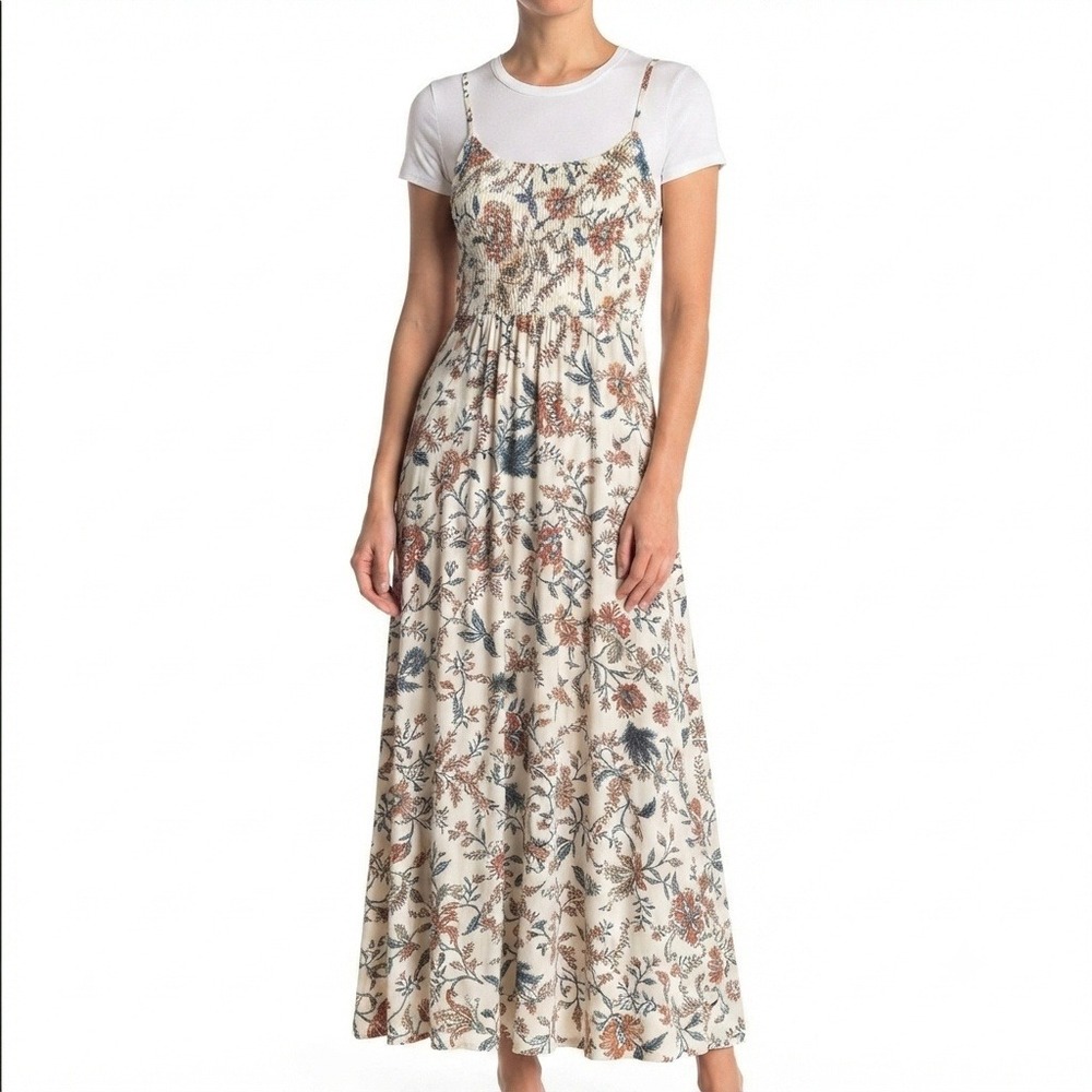 Old Navy Dress Kids XL 14 Floral Maxi Dress Cream Smocked Back Spaghetti Strap